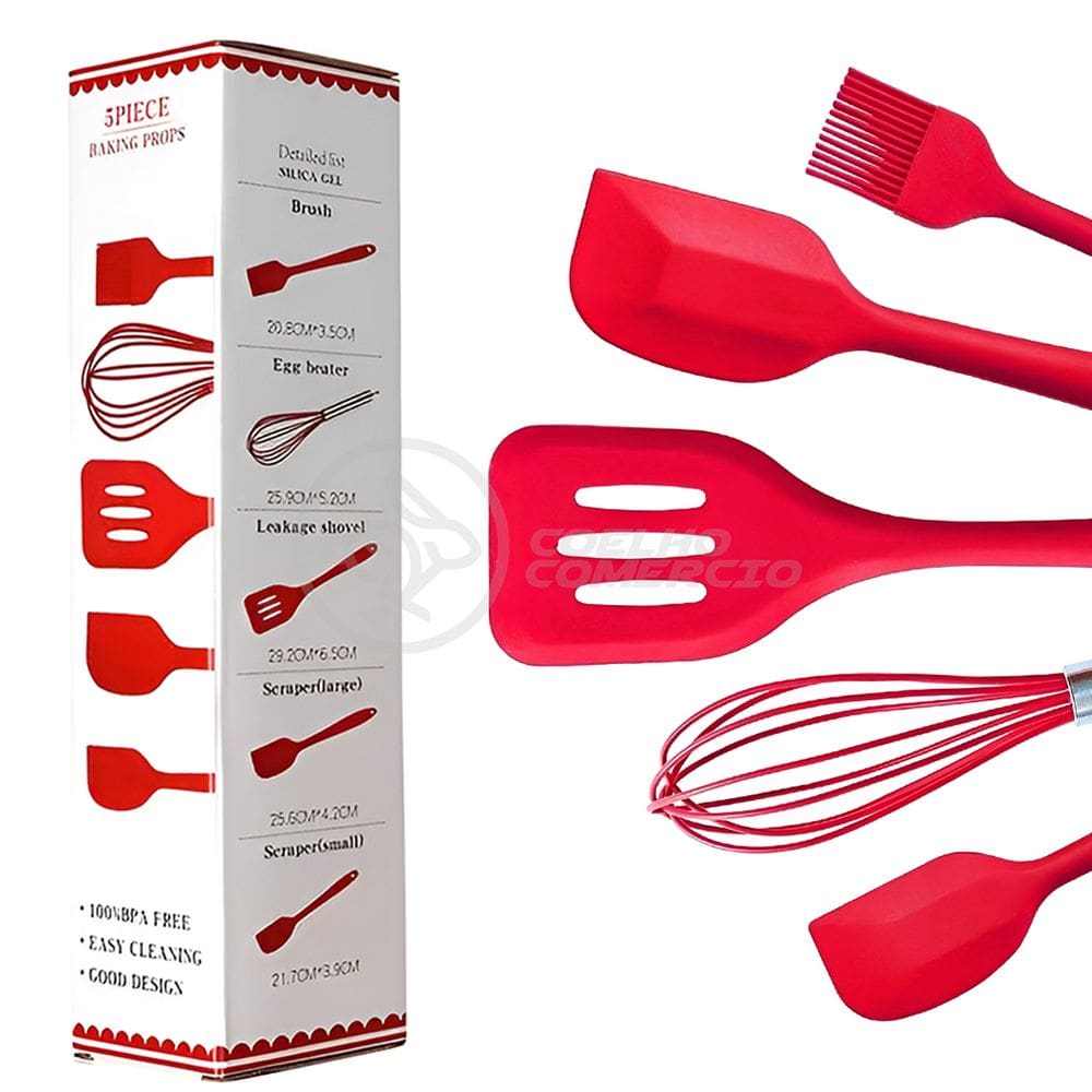 Kit 5 Utensílios Jogo de Cozinha Peças de Silicone Espátulas Batedor Manual e Pincel - Vermelho