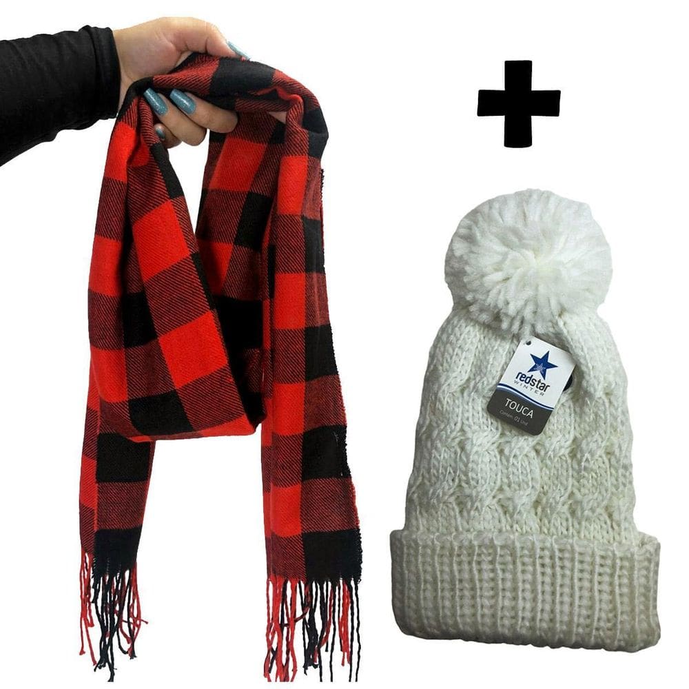 Kit Inverno Junino Completo Cachecol Xadrez E Touca Pompom