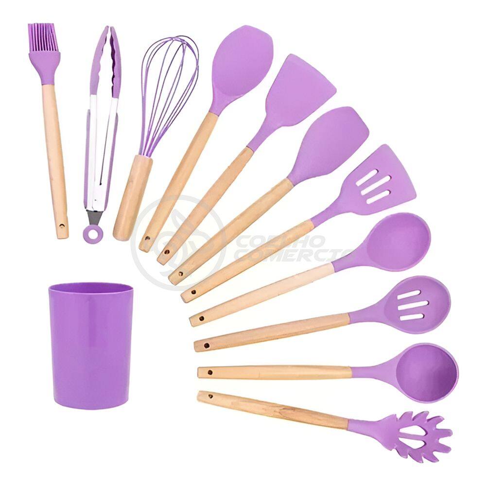 Kit 12 Utensílios de Cozinha Peças de Silicone e Cabo de Madeira Madeira Resistentes - Roxo