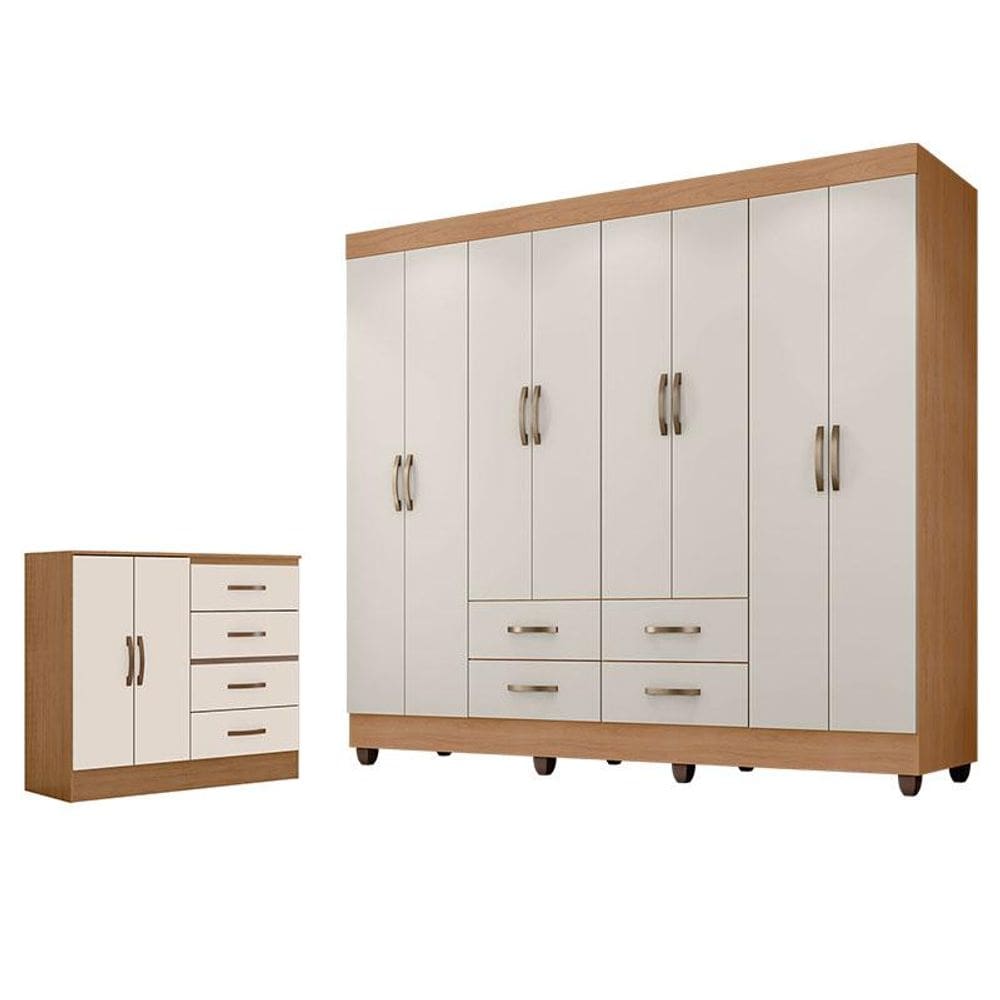 Guarda Roupa Casal Porto com Cômoda Lite 4 Gavetas 2 Portas Nature Off White - Móveis Leão