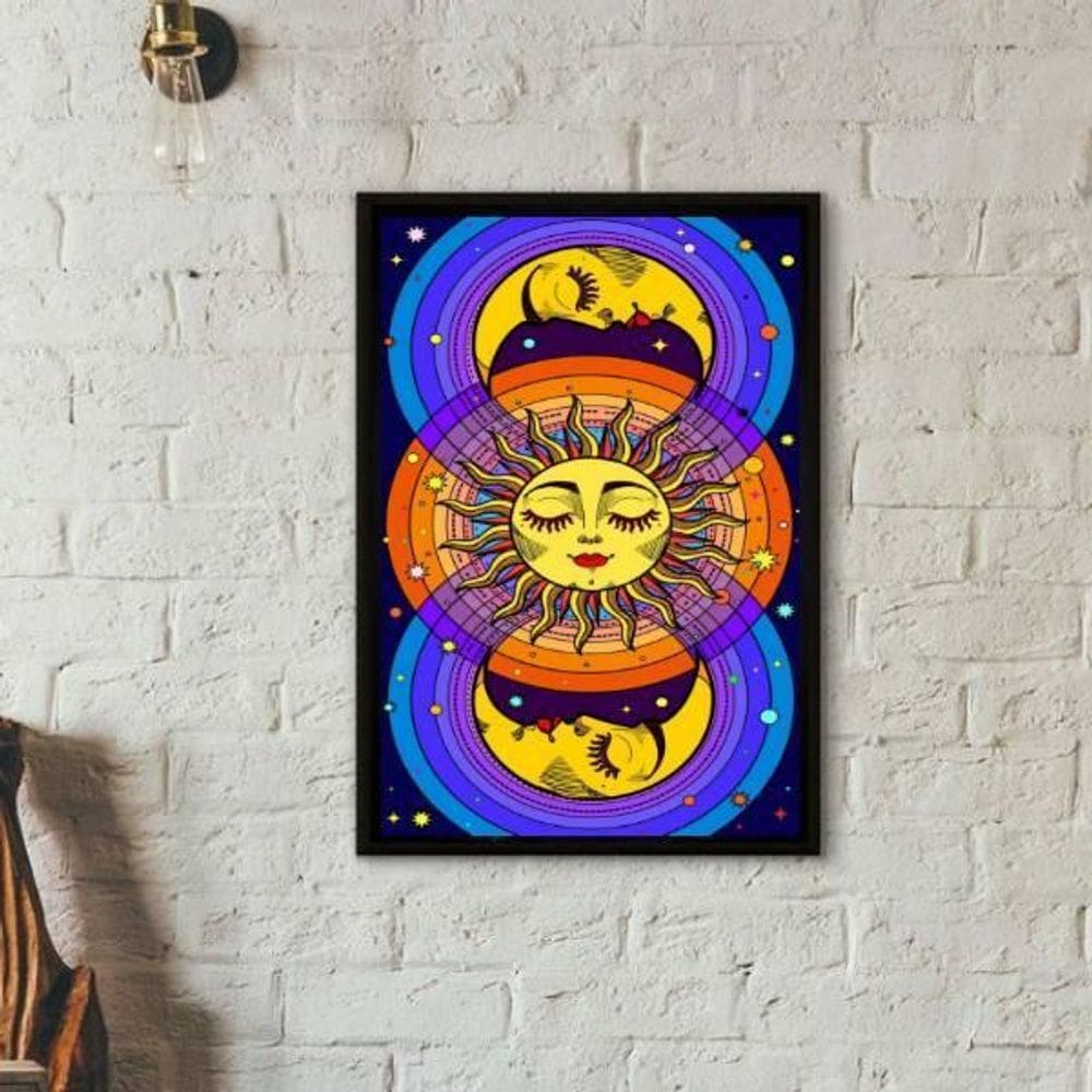 Quadro Místico Sol E Lua Colorido 45X34Cm Moldura Preta