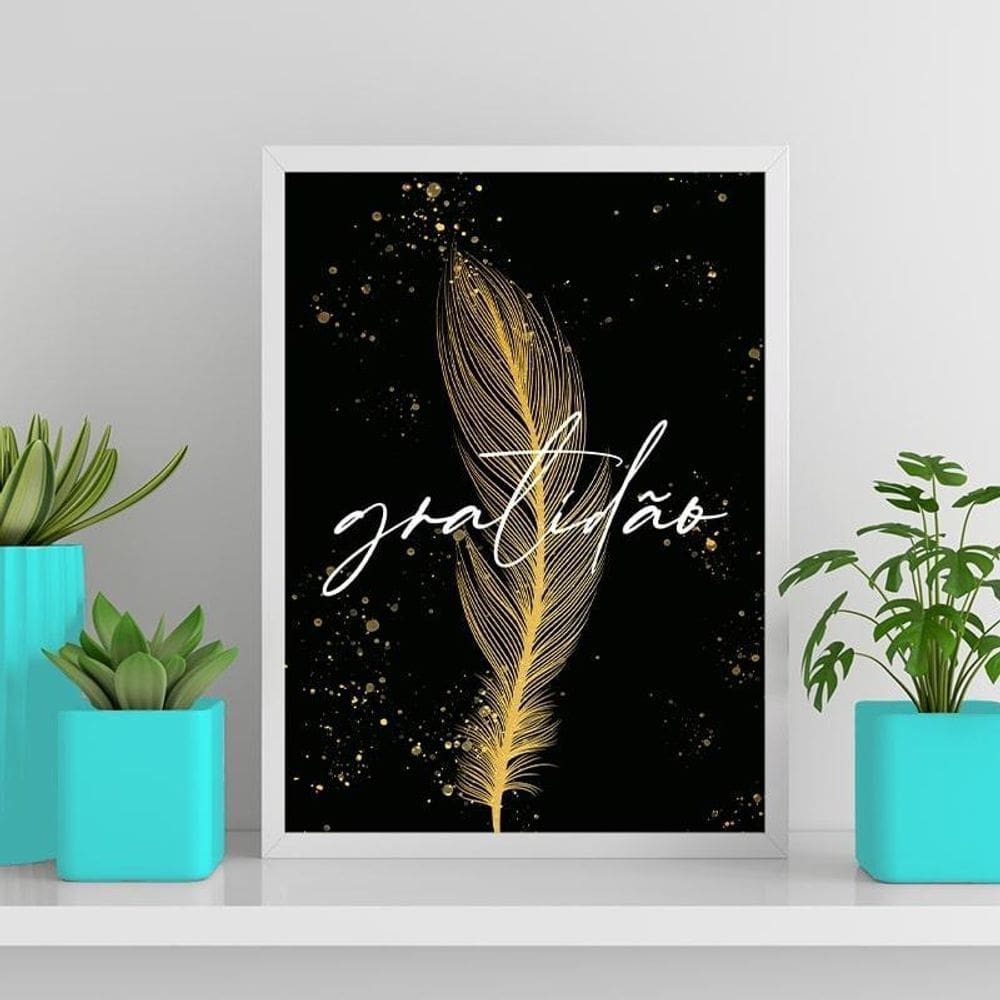 Quadro Pena Dourada Gratidão 33X24Cm Com Vidro - Branca