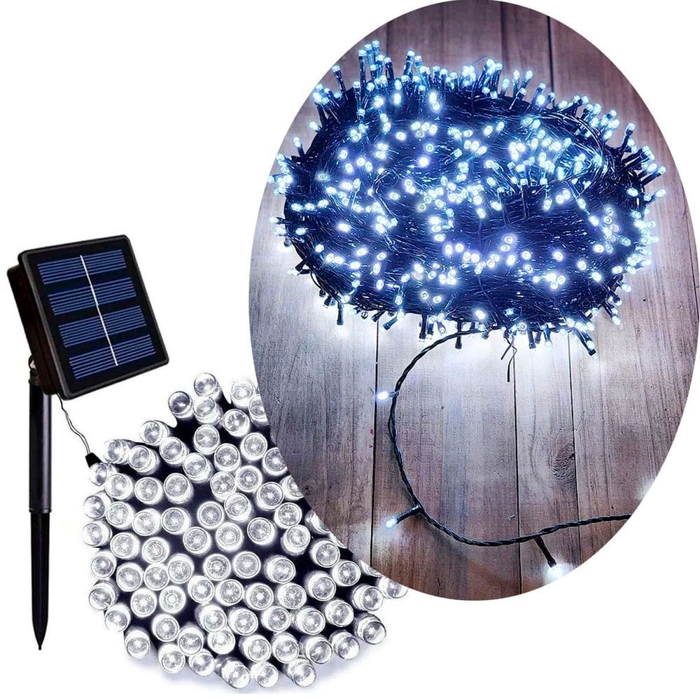 Pisca Cordão 300 Lâmpadas LEDs Solar Branco De Natal De 30m