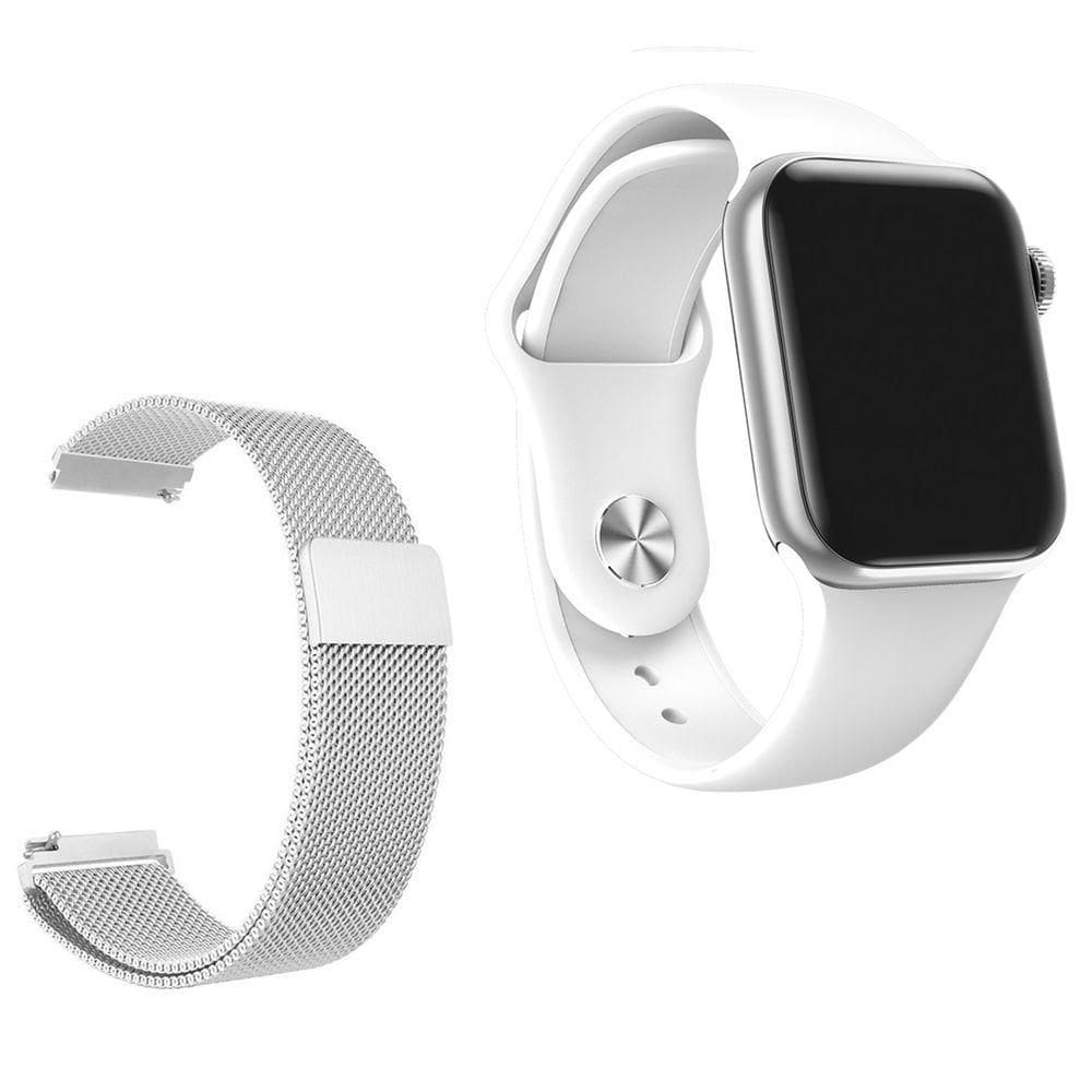 Relógio Smartwatch W58 Branco Android Ios + 1 Pulseira Extra De Aço Prata