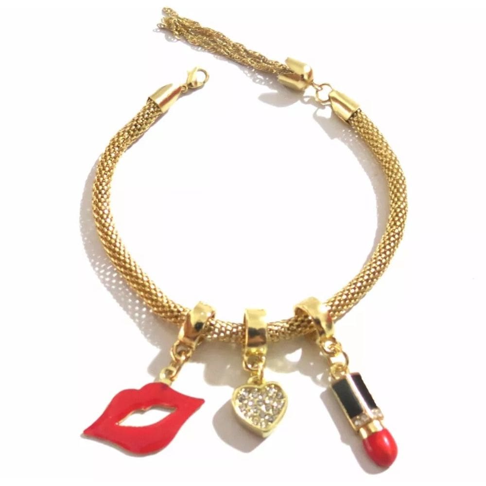 Pulseira Berloque Boca Batom Folheado a Ouro 18k
