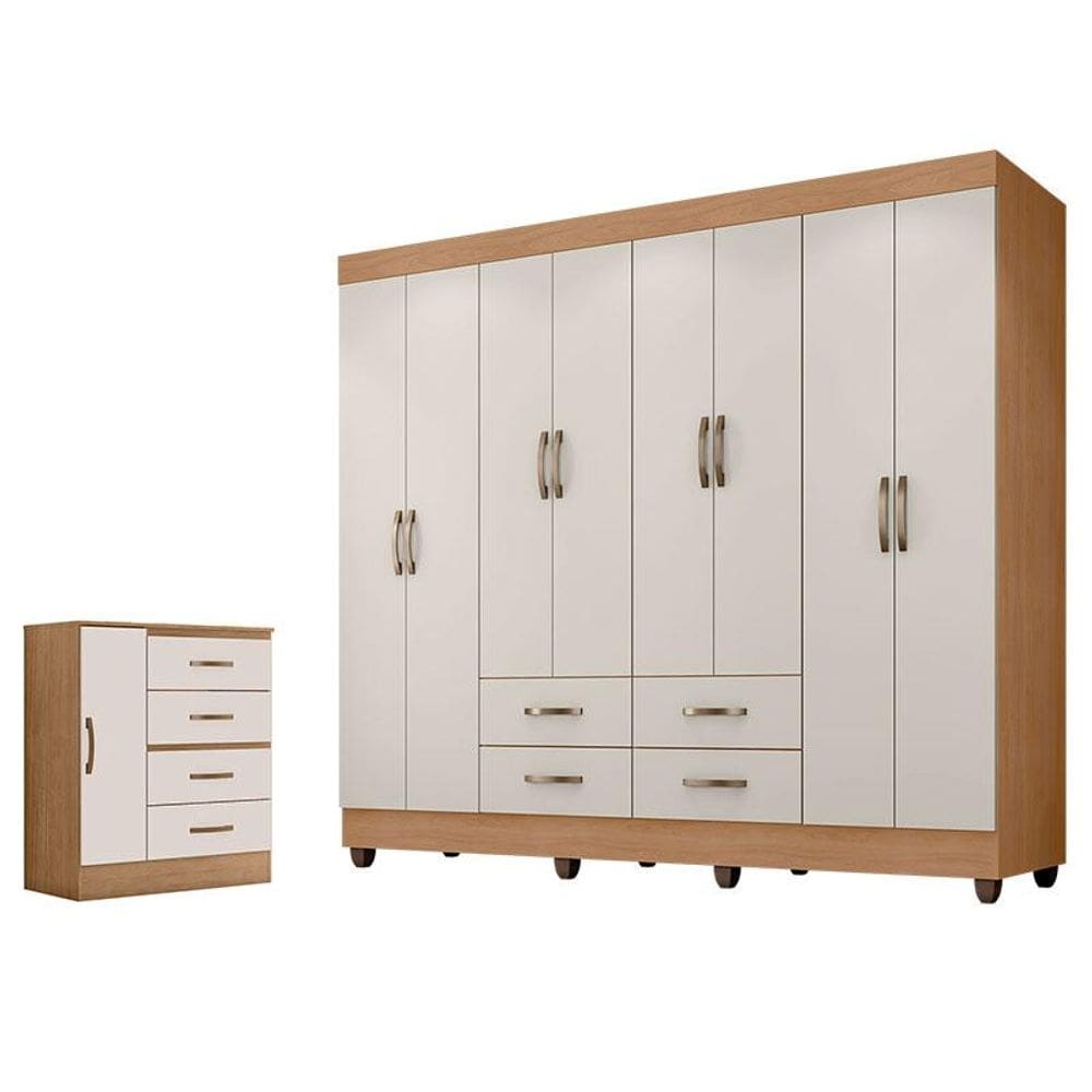 Guarda Roupa Casal Porto com Cômoda Lite 4 Gavetas 1 Porta Nature Off White - Móveis Leão