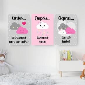 Kit 3 Quadros Infantis Nuvens Rosa E Cinza 60X40Cm Branca
