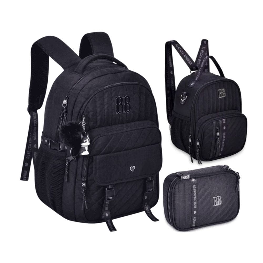 Kit Mochila de Costas Rebecca Bonbon Matelassê Lancheira e Estojo Preto