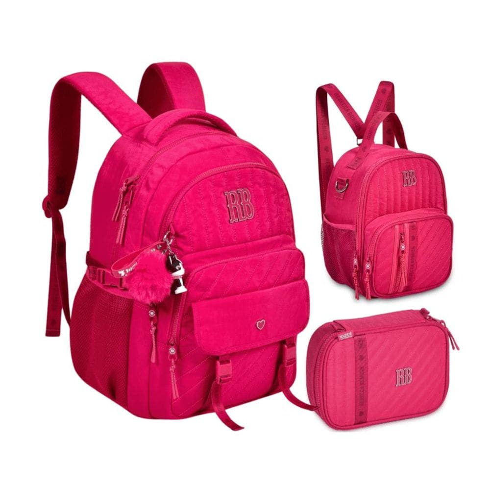 Kit Mochila de Costas Rebecca Bonbon Matelassê Lancheira e Estojo Rosa