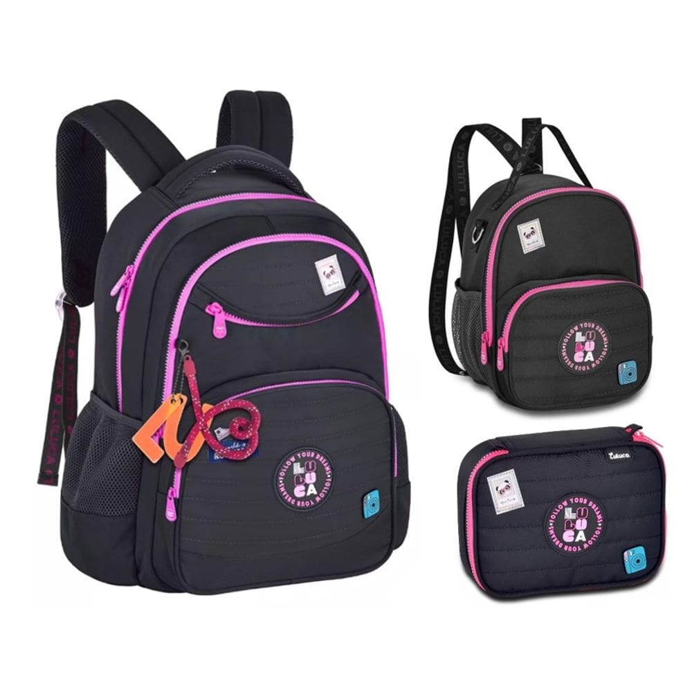 Kit Mochila de Costas Luluca com Lancheira e Estojo LU24635 Preto