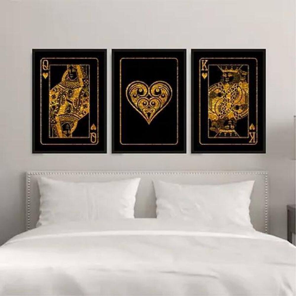 Kit 3 Quadros Rei e Rainha de Copas Preto e Dourado 24x18cm