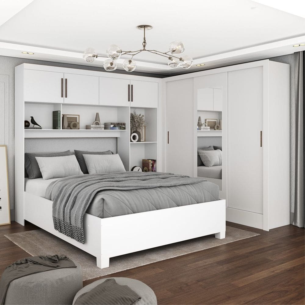 Guarda-roupa Casal Modulado 4 Portas com Cama Santiago 3 Portas com Espelho 5 Gavetas Branco