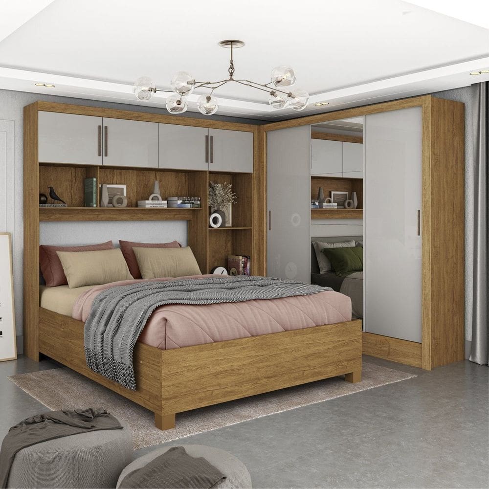 Guarda-roupa Casal Modulado 4 Portas com Cama Santiago 3 Portas Plus 5 Gavetas com Espelho Cinamomo/Off White