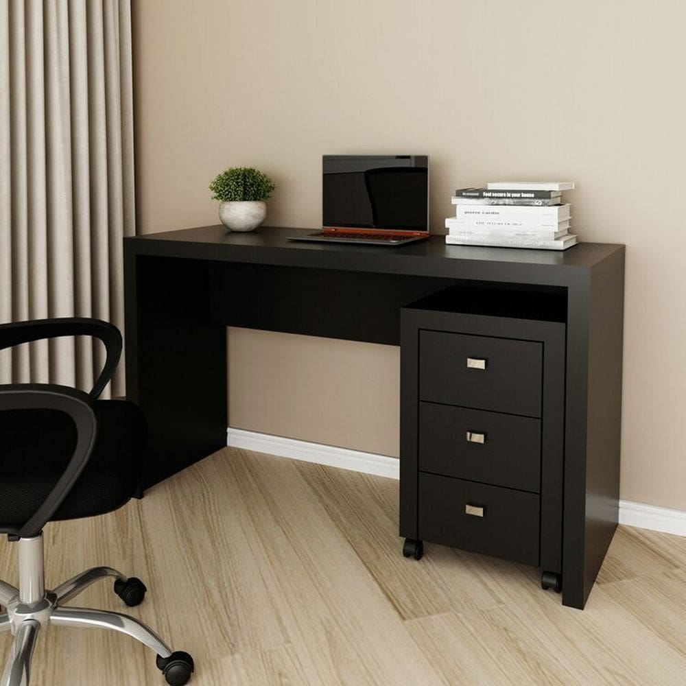 Conjunto 1 Mesa para Escritório 1 Gaveteiro 3 Gavetas Preto