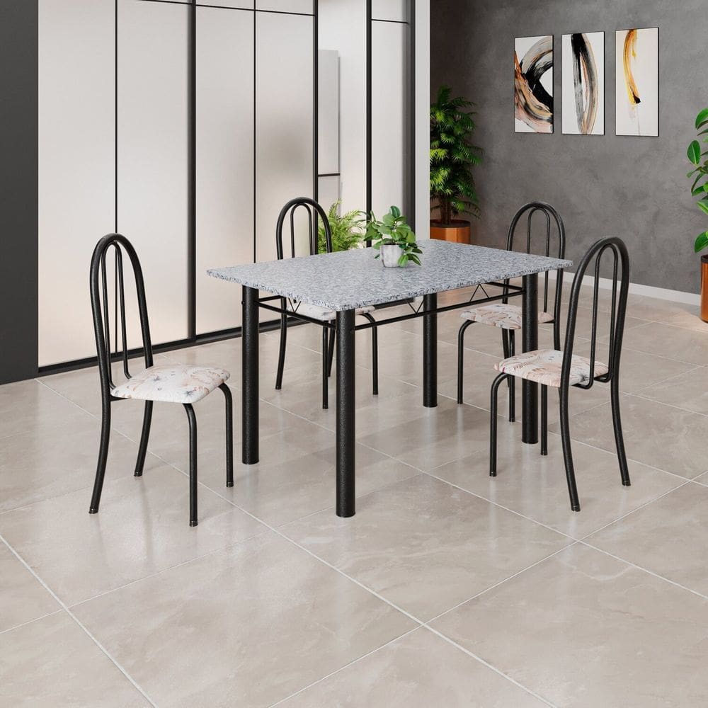 Conjunto de Mesa Tubular 120cm X 75cm Tampo com 4 Cadeiras Bege / Preto