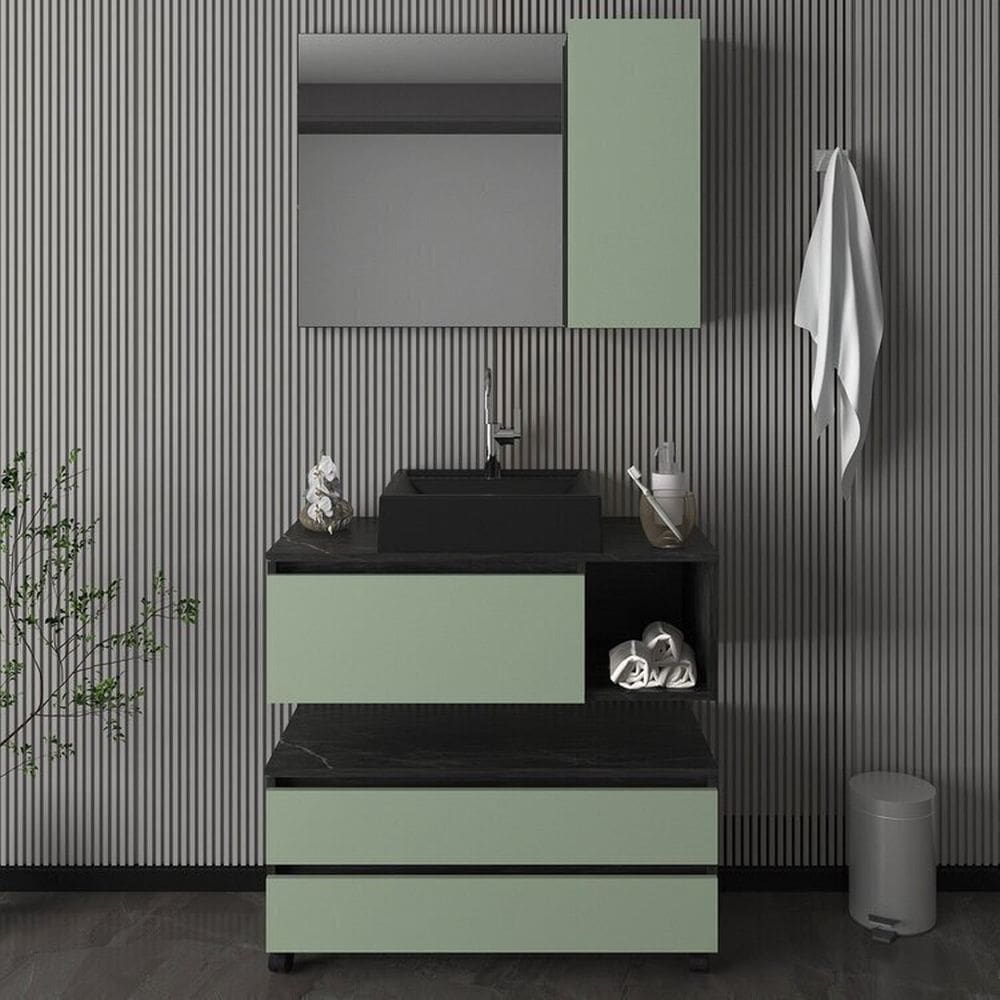 Gabinete para Banheiro com Espelheira e Gaveteiro com Rodizio e 2 Gavetas Preto/Verde