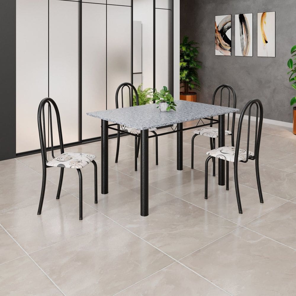 Conjunto de Mesa Tubular 120cm X75cm Tampo com 4 Cadeiras Arabesco / Preto