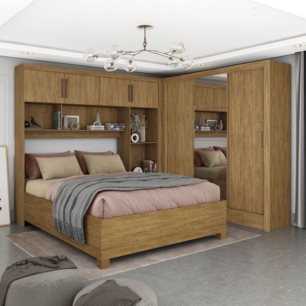 Guarda-roupa Casal Modulado 4 Portas com Cama Santiago 3 Portas Plus 5 Gavetas com Espelho Cinamomo
