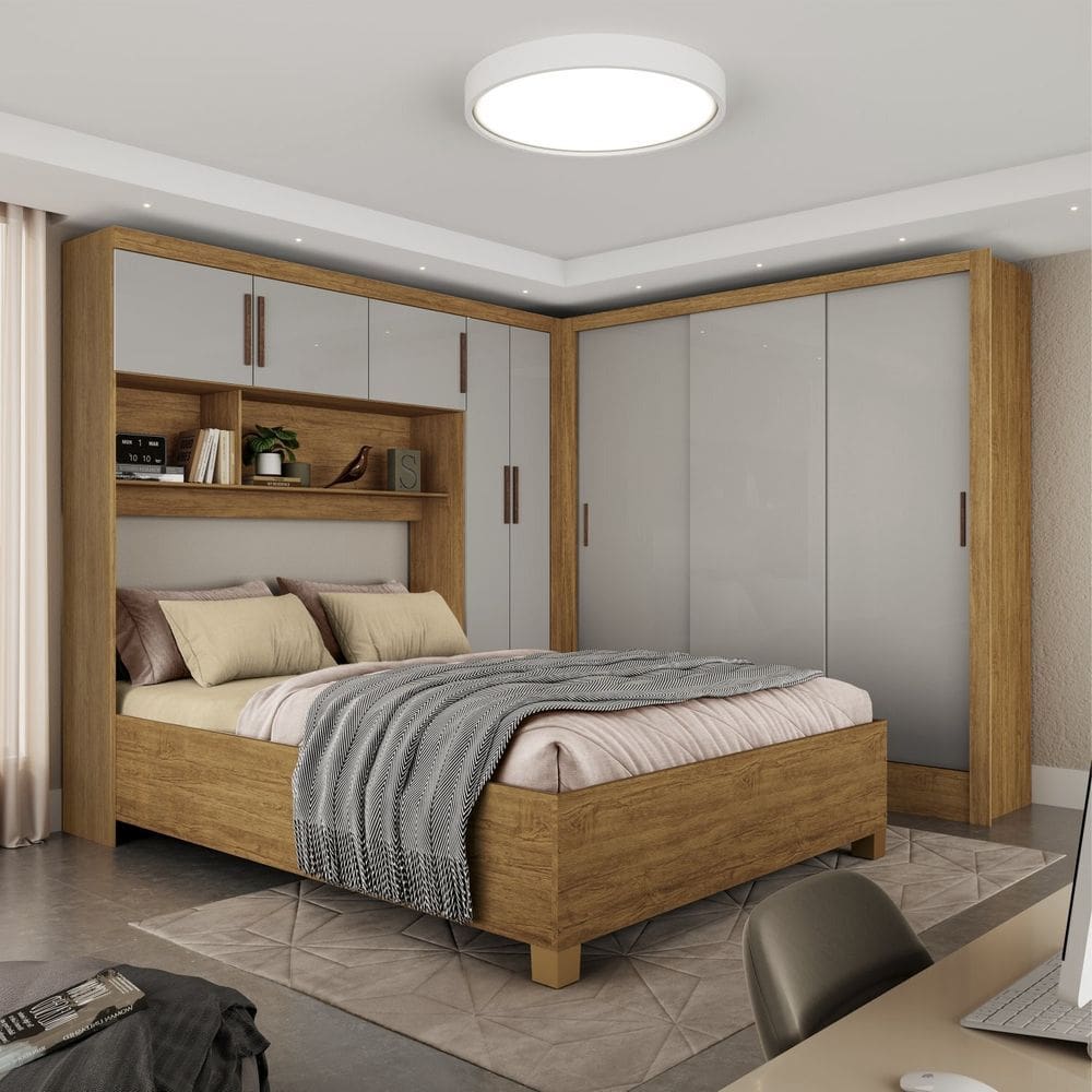 Guarda-roupa Casal Modulado 5 Portas com Cama Santiago 3 Portas 5 Gavetas Cinamomo/Off White