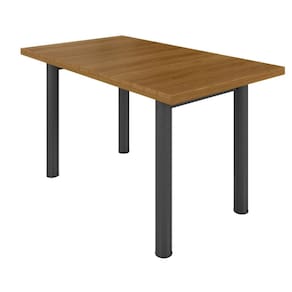 Mesa Retangular Tampo Madeira Maciça Ripado 140x75cm Base Tubo 3" Madeira Maciça/Preto