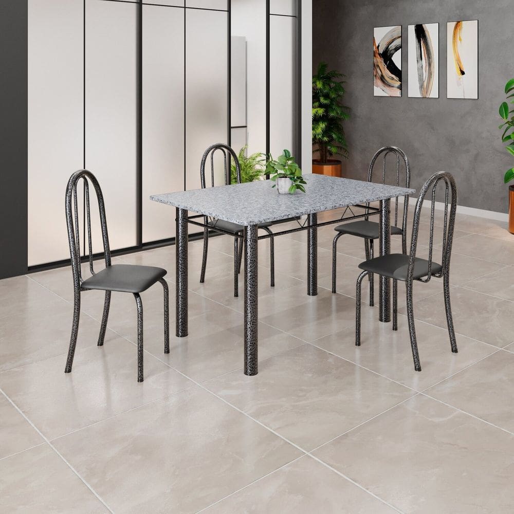 Conjunto de Mesa Tubular 120cm X 75cm Tampo com 4 Cadeiras Preto / Prata