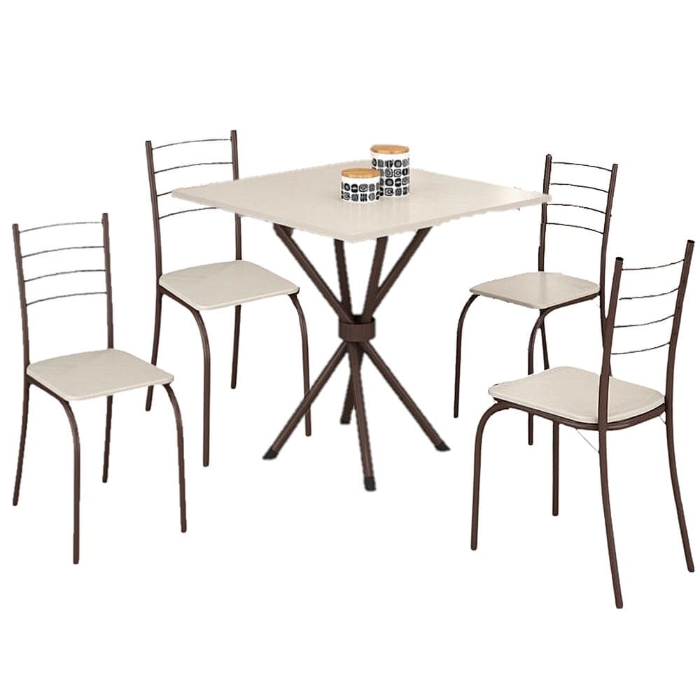 Mesa Rio Tampo Granito 75x75cm Off White com 4 Cadeiras Tubular Marrom Teixeira Cor Marrom