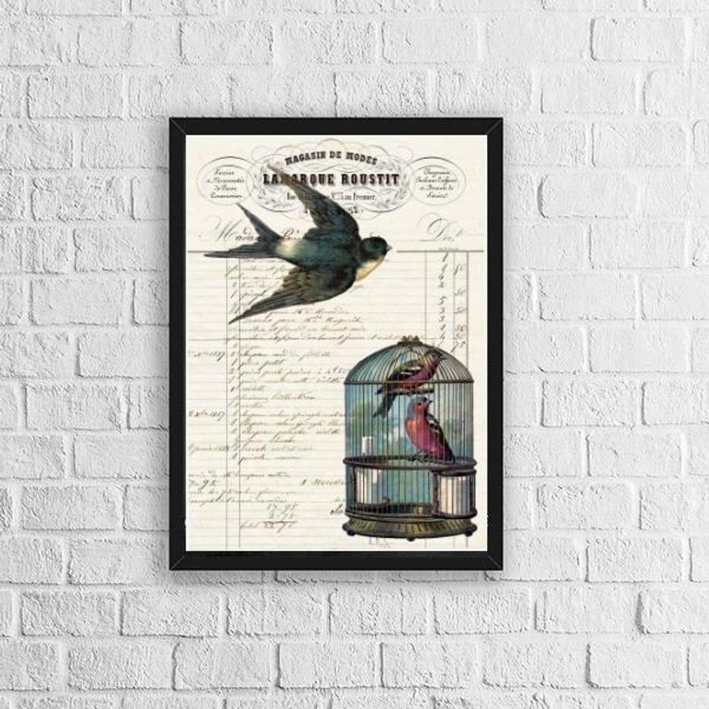 Quadro Pássaro com Gaiola Vintage 45x34cm - Madeira Preta