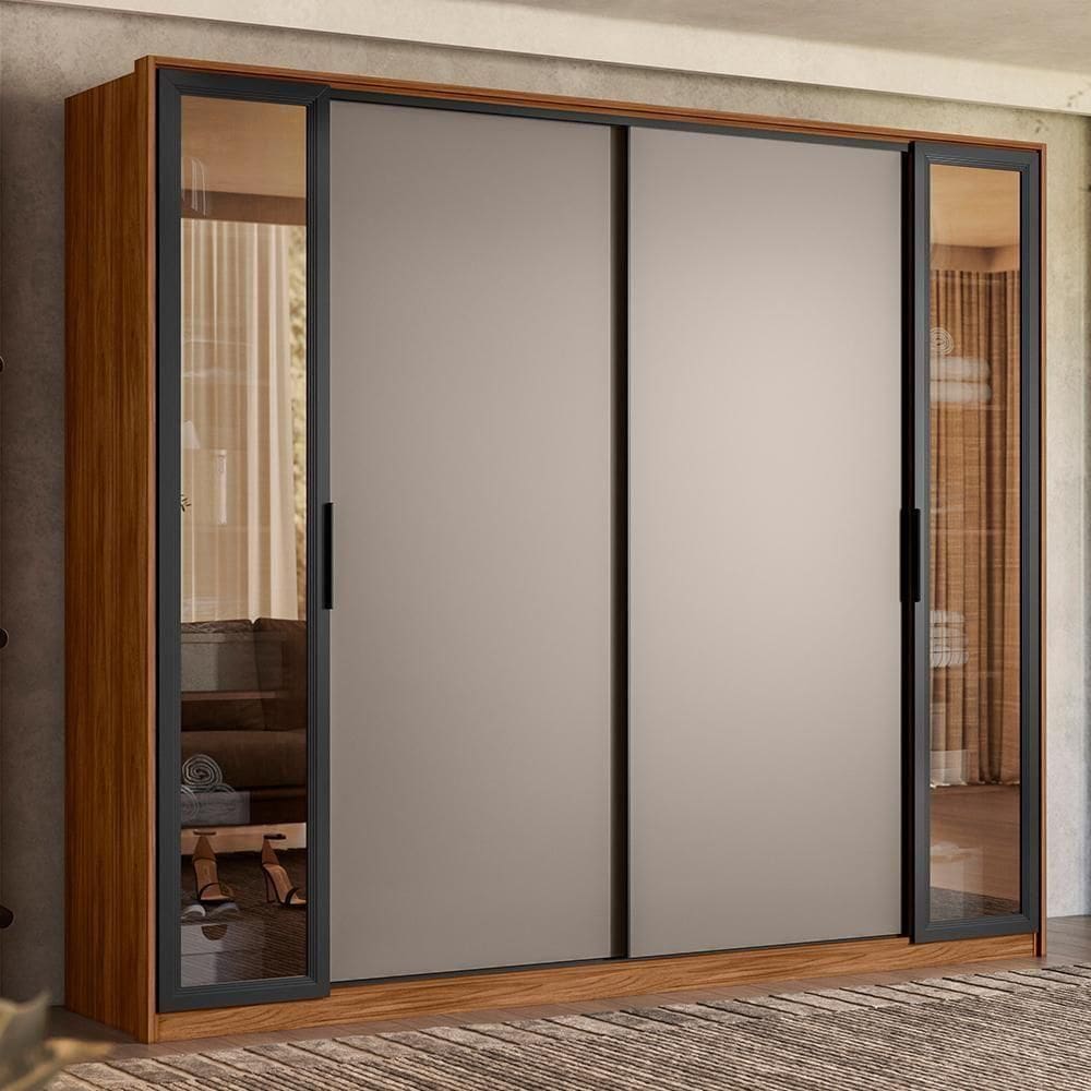 Guarda Roupa Casal Laredo 4 Portas Nogueira/nude Tx Com Vidro Reflecta - Demartêz