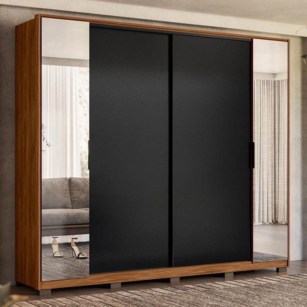 Guarda Roupa Casal Laredo 4 Portas Nogueira/preto Tx Com Espelho E Pés - Demartêz