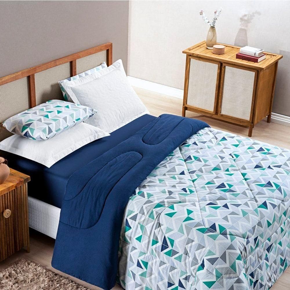 Edredom King Dupla Face Malha Penteada 100% Algodão 1 Peça Geométrico Azul