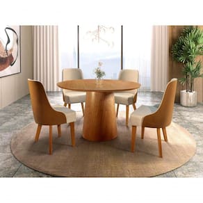 Conjunto Mesa De Jantar Caribe Laminado 1,35m Com 4 Cadeira Beatriz Couro Caramelo E Linho Bege
