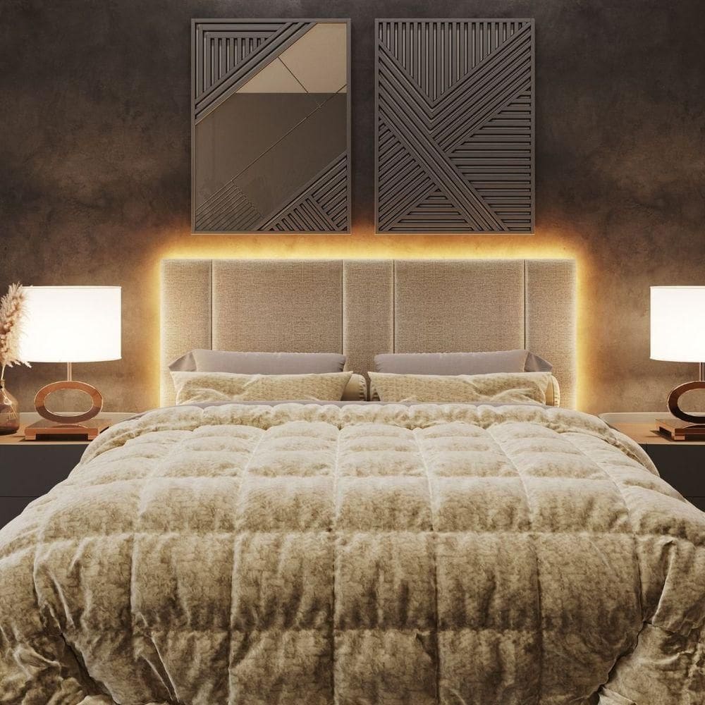 Cabeceira Estofada Iluminação Led Cama Queen Size 160 Cm Veludo Bege