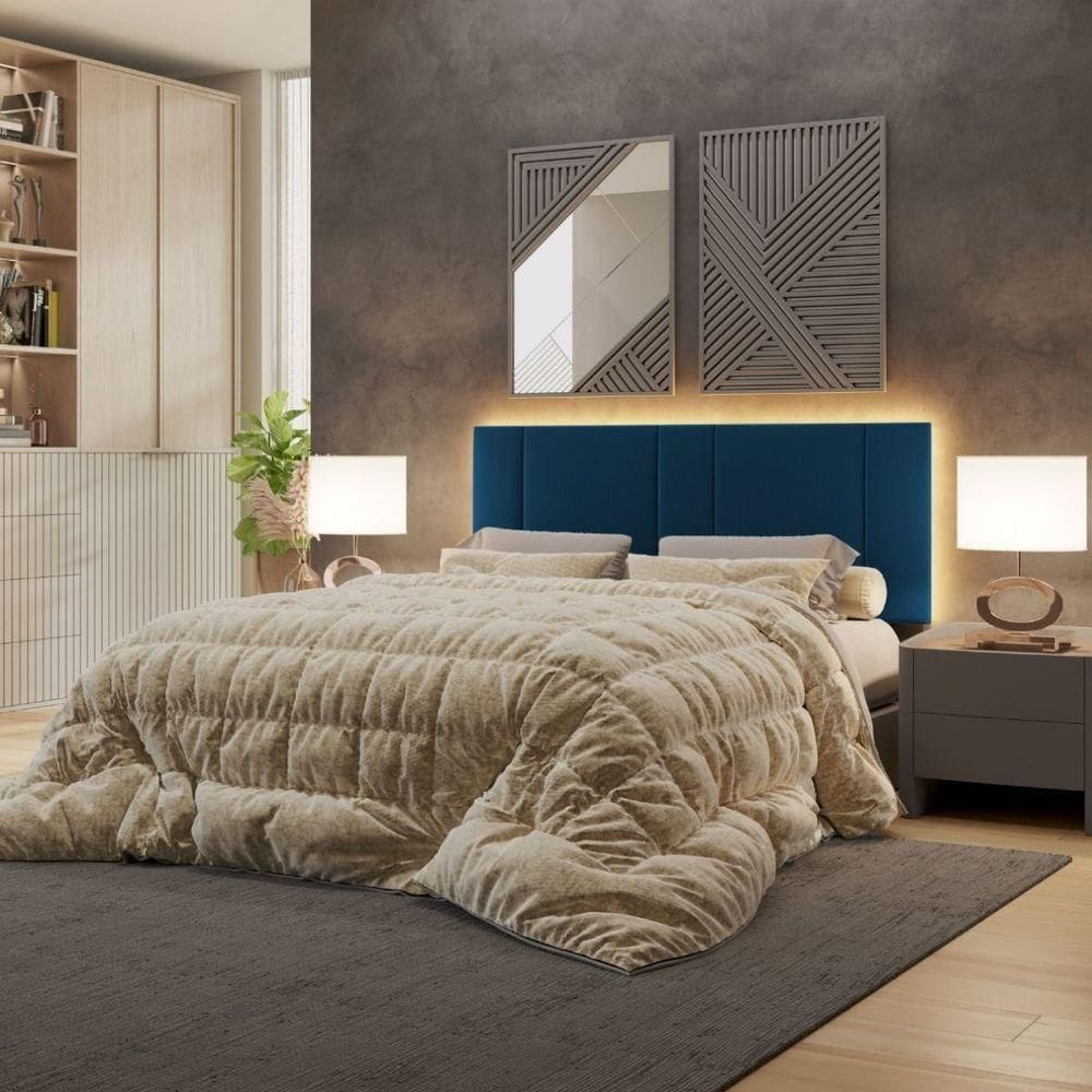 Cabeceira Estofada Cama Casal Queen Size Led Moderna 160 Cm Veludo Azul Marinho