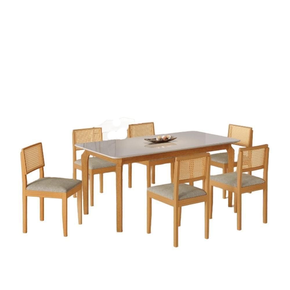 Conjunto Mesa De Jantar Produto Off White 1,60m Com 6 Cadeiras Jade 03 Linho Cinza