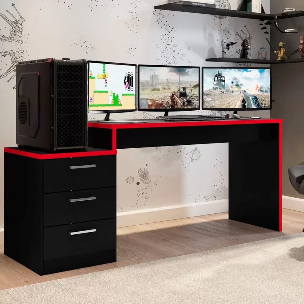 Mesa Gamer Escrivaninha 3 Gavetas DRX5000 Preto