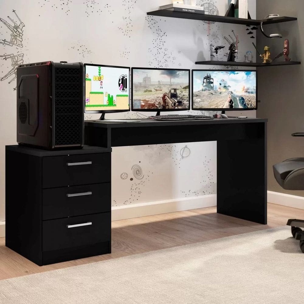 Mesa Gamer Escrivaninha 3 Gavetas DRX5000 Preto