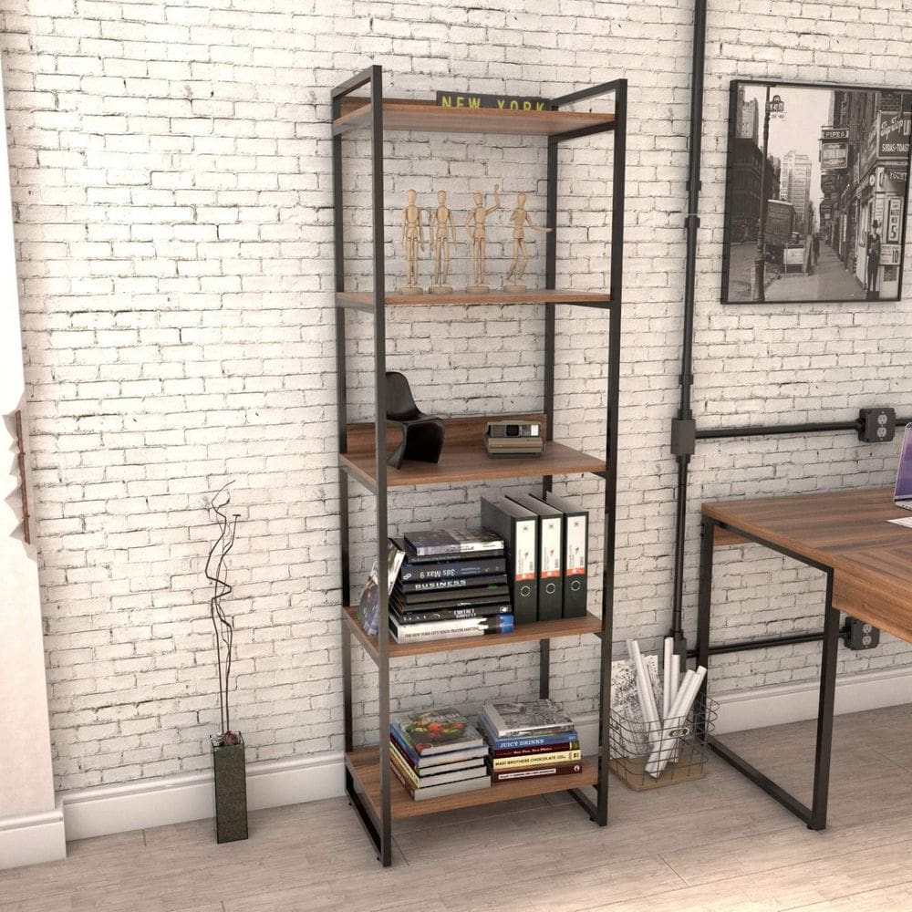 Estante para Livros Industrial 187cmx60cm 5 Prateleiras Kuadra Nogal