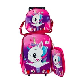 Kit Mochila Infantil Com Rodinhas Meninas Unicornio Escolar Estojo Lancheira Térmica Bolsa Rosa