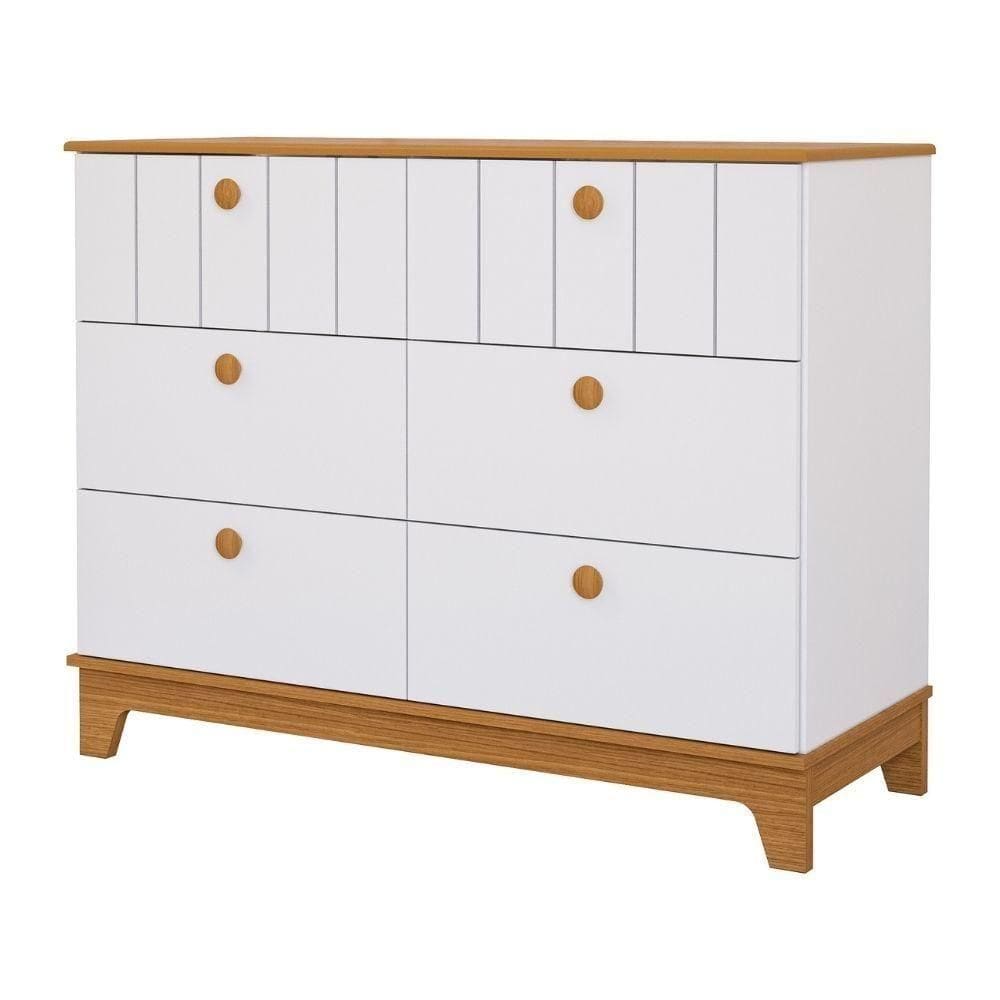 Cômoda Infantil 6 Portas Mdf Puxadores Madeira Maçica Biscoito Permobili Branco Acetinado/Nature