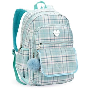 Mochila De Costas Feminina Xadrez Love Just Com Pompom Denlex Azul