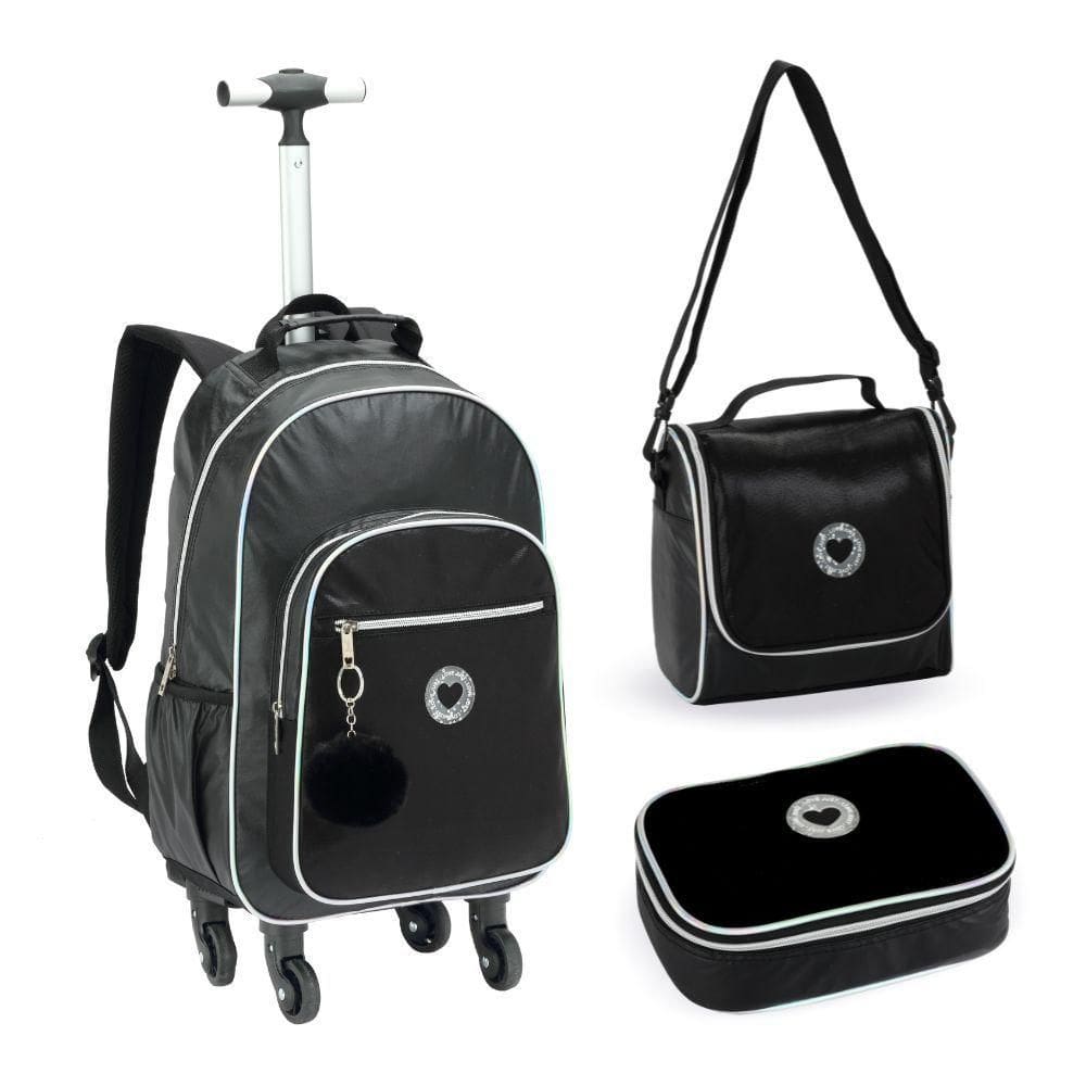 Kit Mochila De Rodinhas + Lancheira + Estojo Just Love Denlex Preta