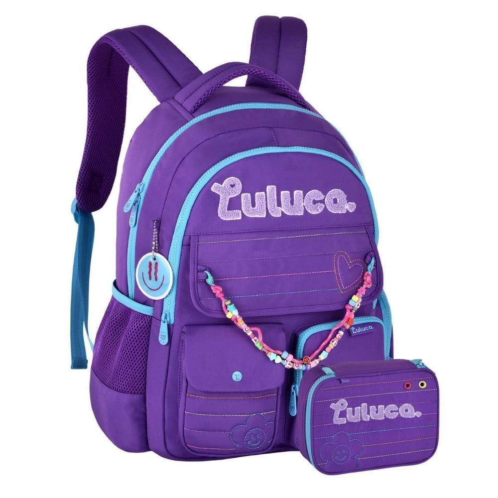 Kit Mochila Costas Luluca Meninas Pandinha Estojo Box - Roxo