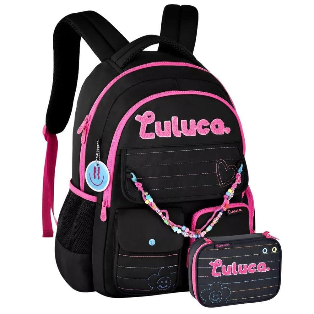 Kit Mochila Costas Luluca Meninas Pandinha Estojo Box-Preto
