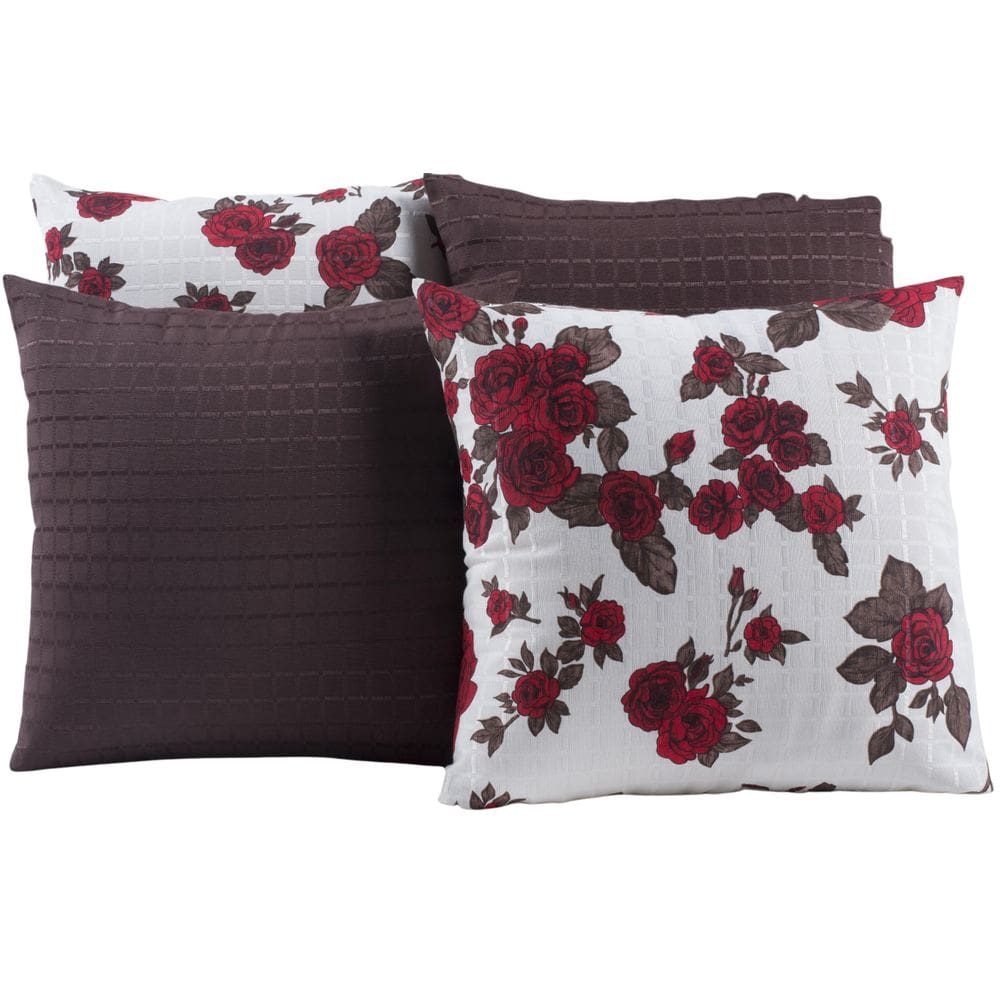 Kit 4 Capas De Almofadas Tabaco Com Flores Vermelhas - 002