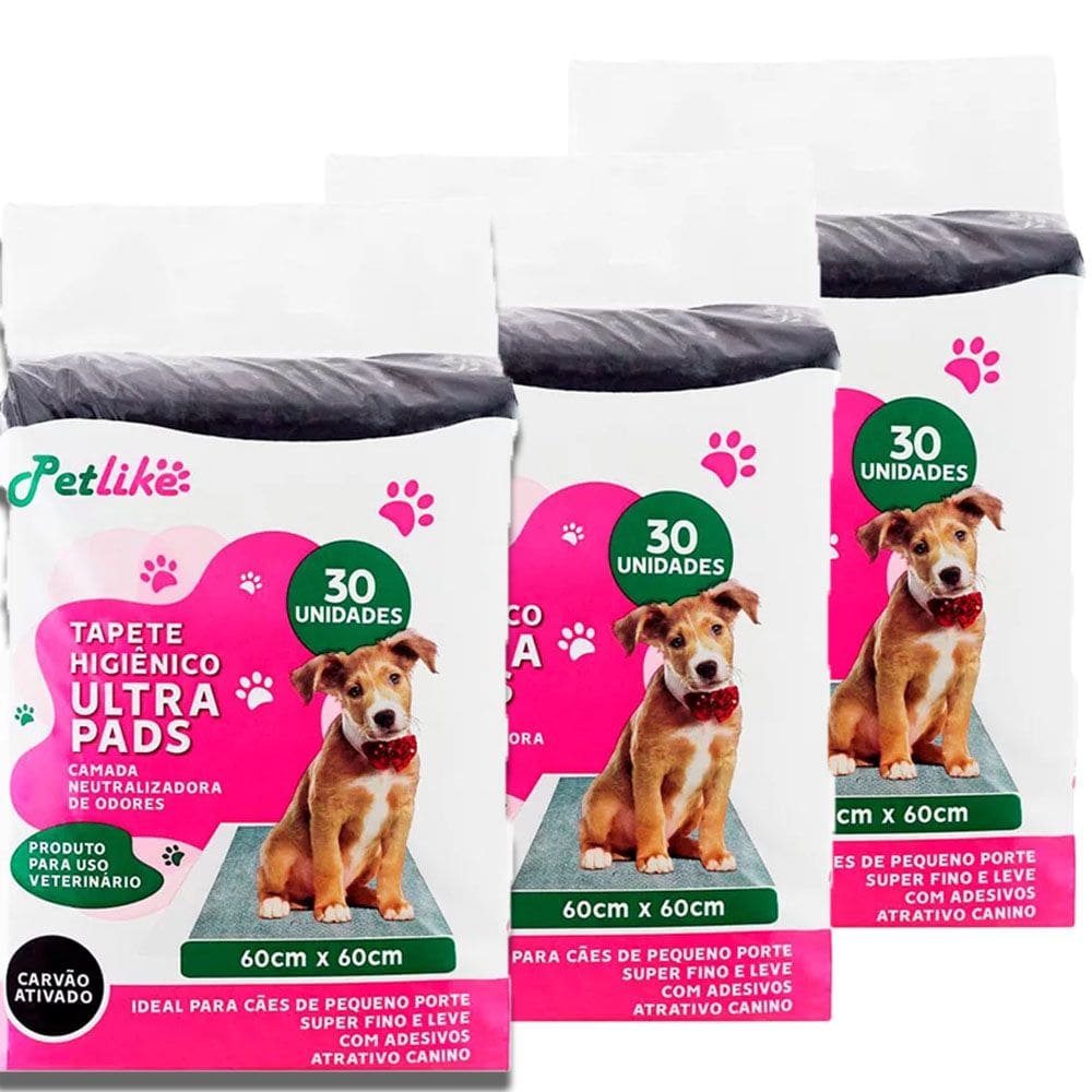 Kit 3 Unidades Tapete Higiênico PetLike Ultra Pads Carvão Ativado 60x60cm C/30 Unidades
