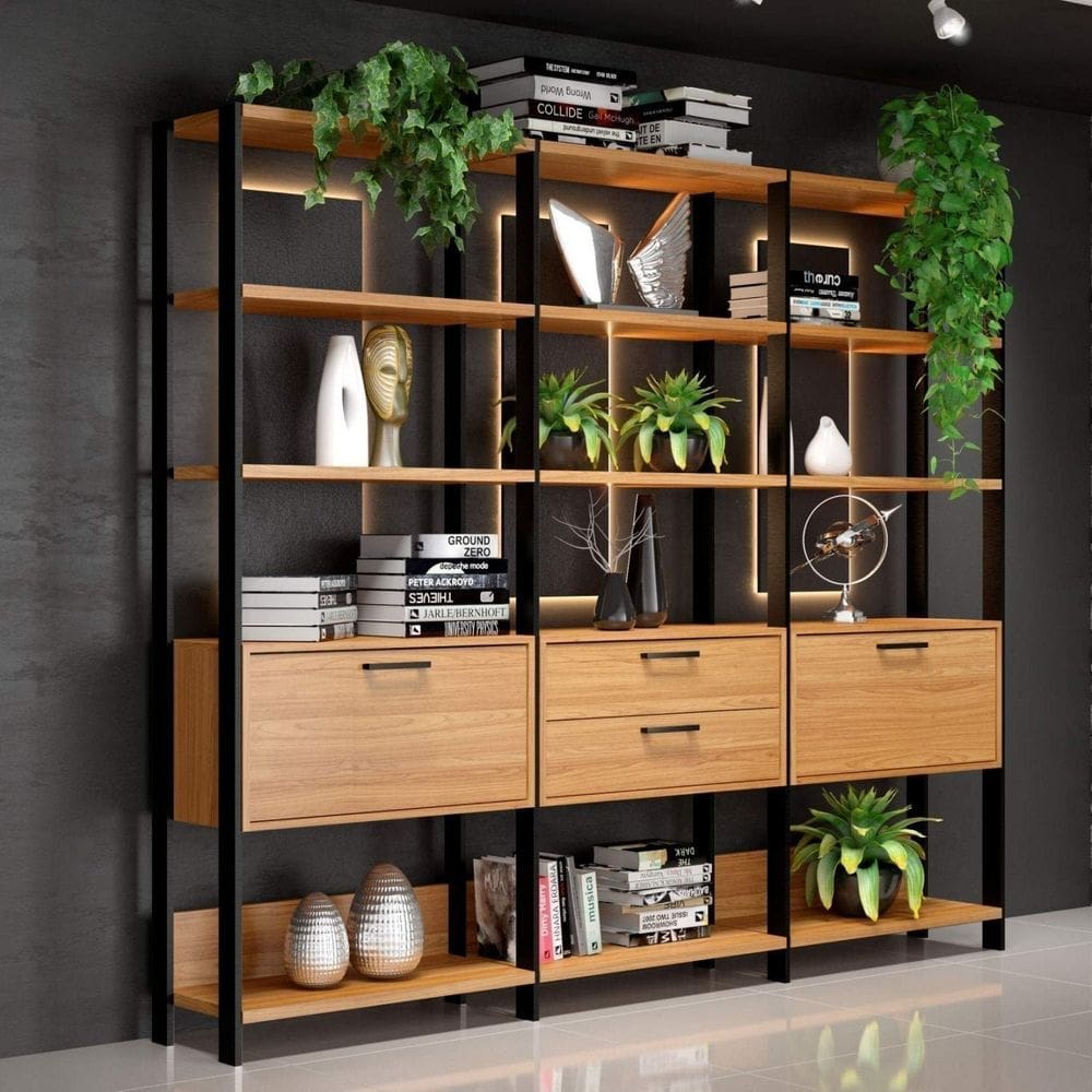 Estante para Livros 2 Portas 2 Gavetas 100% MDF Contemporaneo Freijó/Preto Fosco