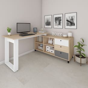 Escrivaninha Industrial para Escritório e Home Office em L 3 Gavetas 4 Nichos Home Office Carvalho/Grafito/Branco