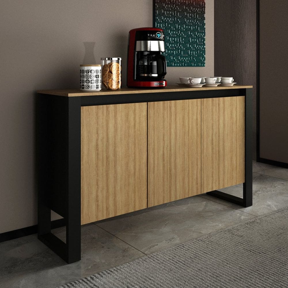 Balcão para Escritório 136cm com 3 Portas e 1 Prateleira ME4147 Amêndoa/Preto