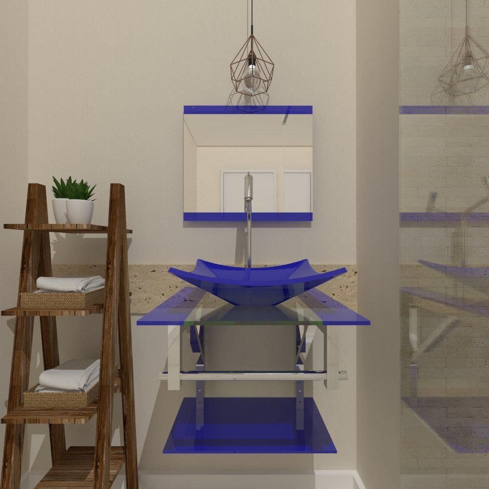 Gabinete De Vidro 45Cm Iq Inox Com Cuba Quadrada Azul Escuro