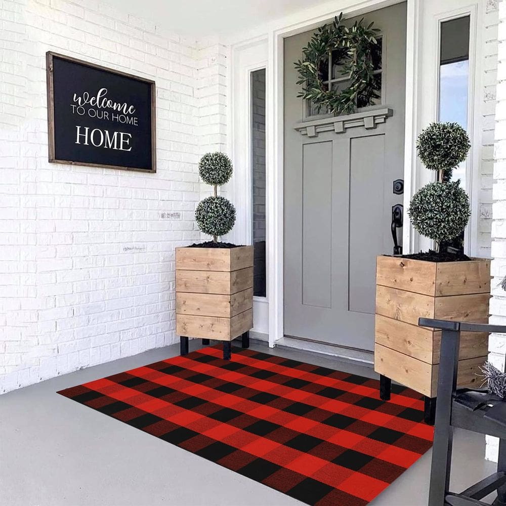 Tapete MUBIN de algodão preto e vermelho xadrez 90cm x 150cm ao ar livre